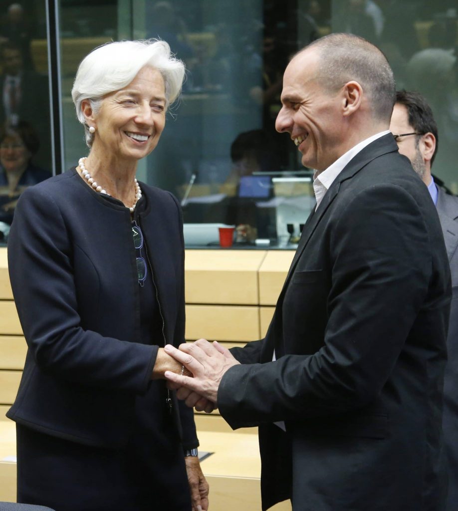 International Monetary Fund (IMF) managing director Christine Lagarde and Greek Finance Minister Yanis Varoufakis (R) at the start of a special Eurogroup Finance ministers meeting on Greek crisis at EU council headquarters in Brussels, Belgium, 25 June 2015. Eurozone finance ministers will reconvene on to assess the situation, before the European Union's 28 leaders kick off their two-day summit in Brussels later the day. A special meeting of the 19 eurozone leaders could also be held. Greece and its creditors continued marathon talks on how to avoid a bankruptcy in the country, just hours before an EU summit meant to bookend the crisis., Image: 250922014, License: Rights-managed, Restrictions: , Model Release: no, Credit line: Profimedia, TEMP EPA